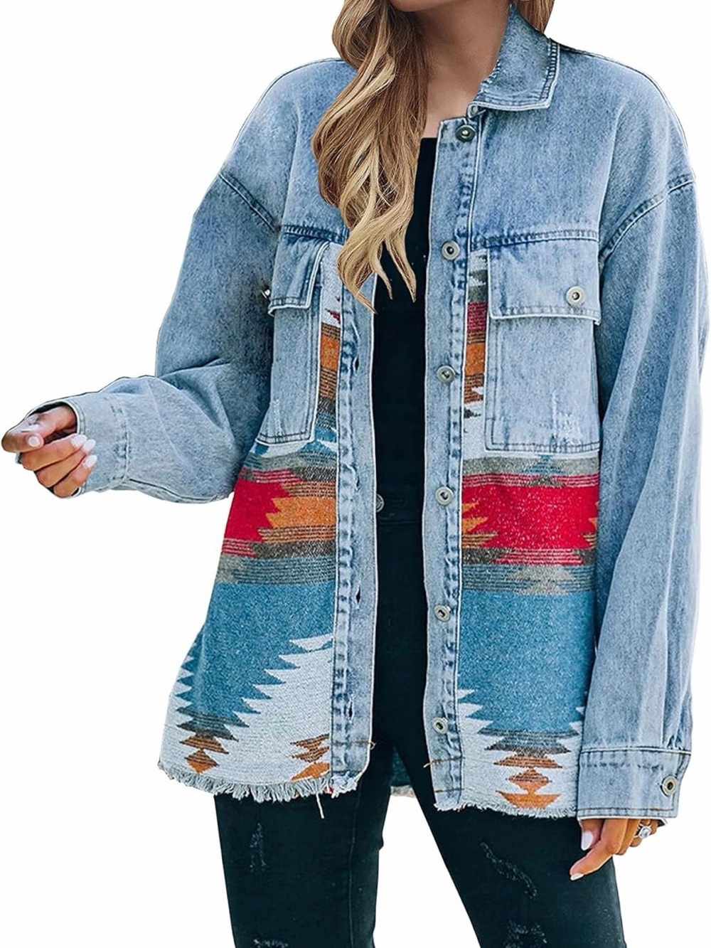 Vintage Denim Aztec-Trim Button-Up Jacket NWOT
